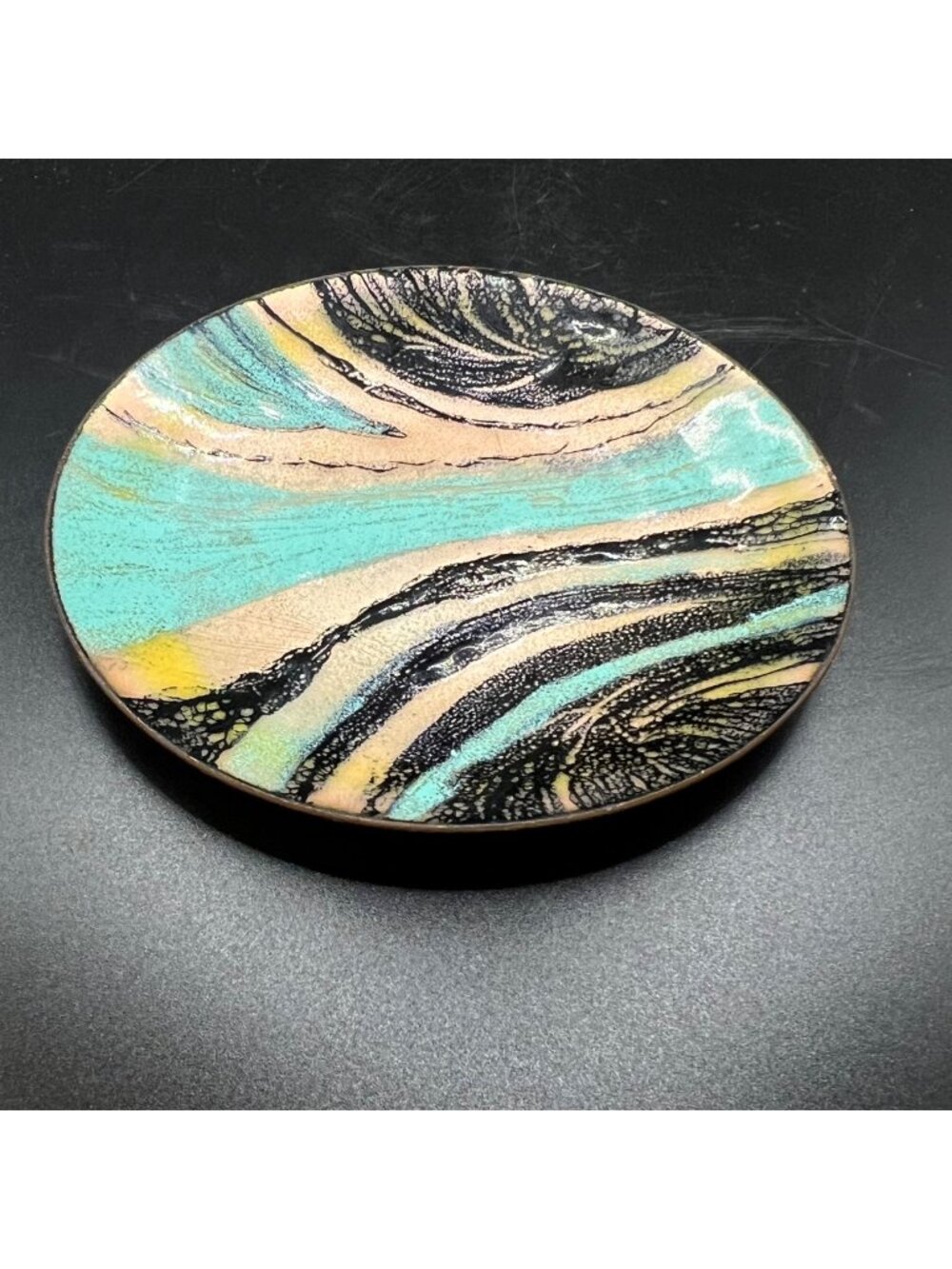 Handcrafted Enamel Over Copper Trinket Plate Abstract Design Signed By Artist